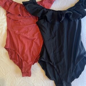 Xhilaration Ruffled Off-Shoulder Bodysuits in Black and Pink